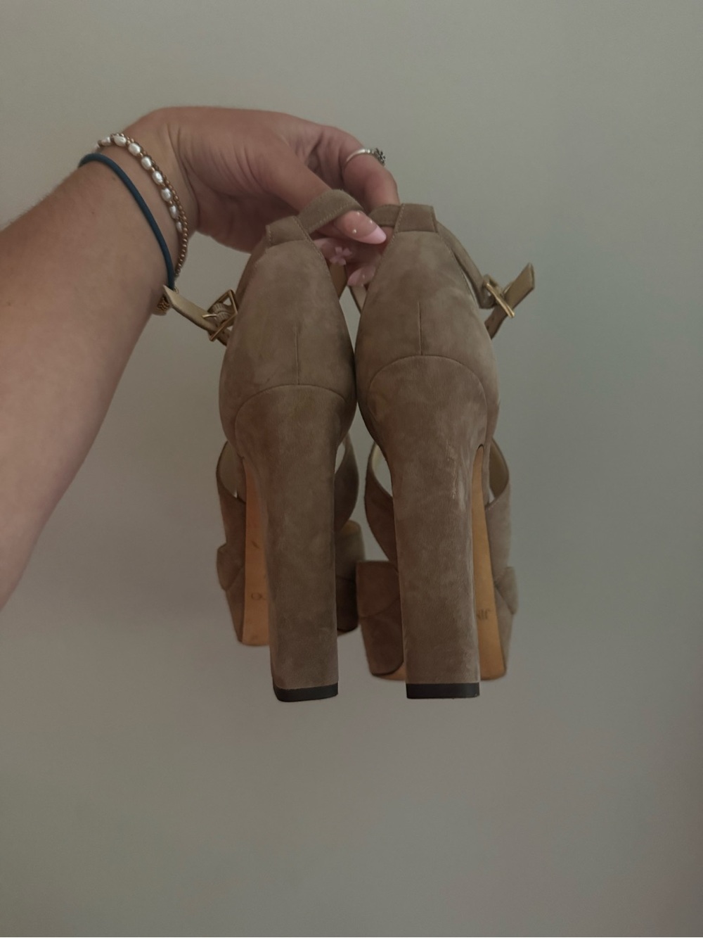 Jimmy Choo Taupe Suede Crisscross Platform Sandals - Picture 3 of 4